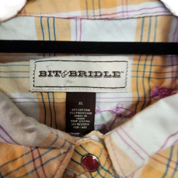 Bit & Bridle Womens Western Plaid Shirt W/ Embroidered Horses Snap Buttons Yello - Picture 7 of 7